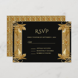 Placa RSVP Floral de Ornamentado Preto Dourada