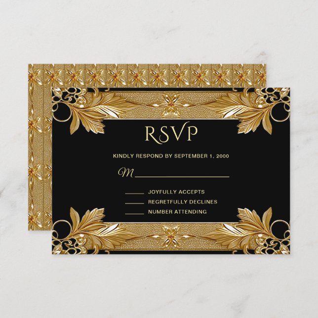Placa RSVP Floral de Ornamentado Preto Dourada (Frente/Verso)