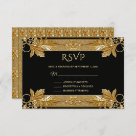 Placa RSVP Floral de Ornamentado Preto Dourada