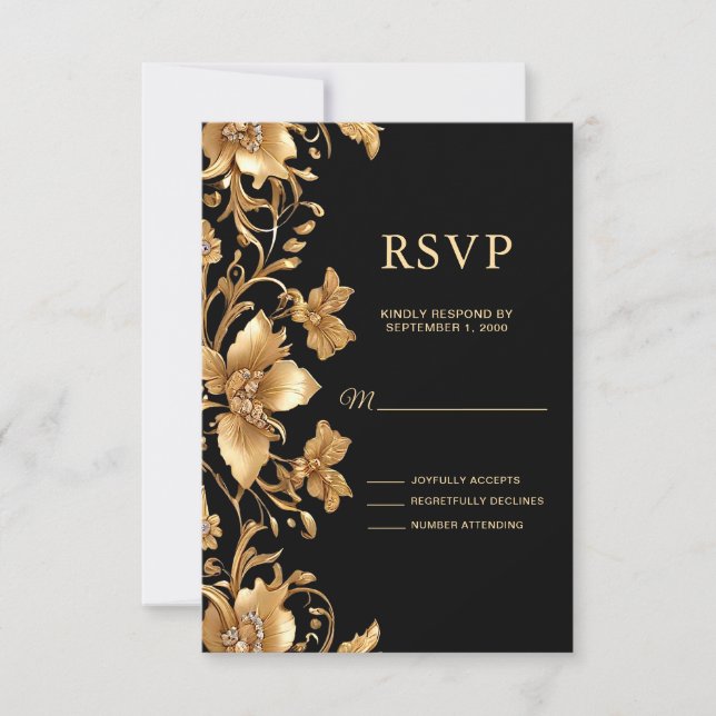 Placa RSVP Floral de Ornamentado Preto Dourada (Frente)