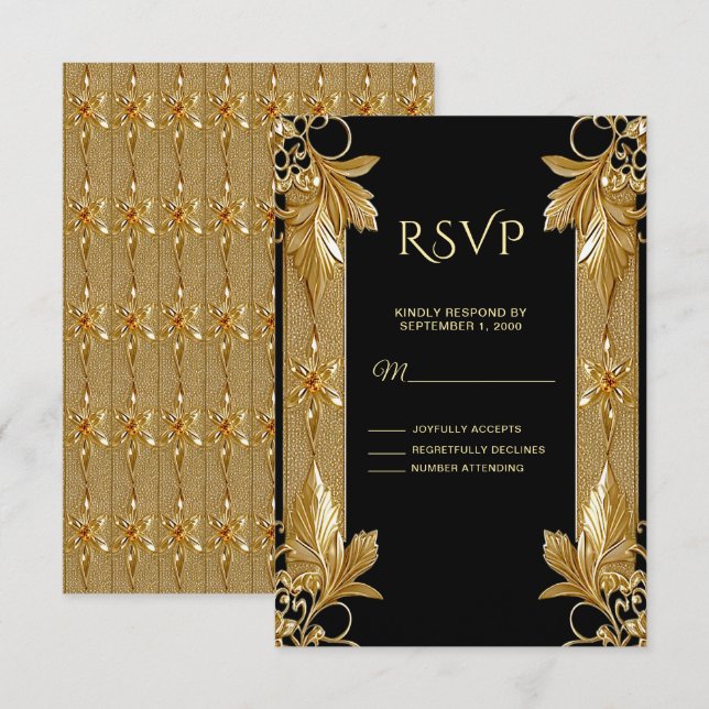 Placa RSVP Floral de Ornamentado Preto Dourada (Frente/Verso)