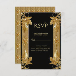Placa RSVP Floral de Ornamentado Preto Dourada