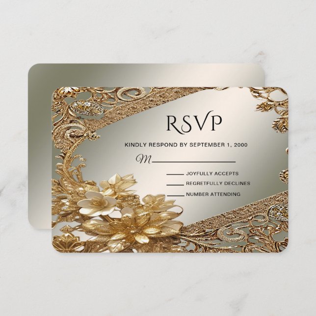 Placa RSVP Floral do Ornamentado Dourado Moderno (Frente/Verso)