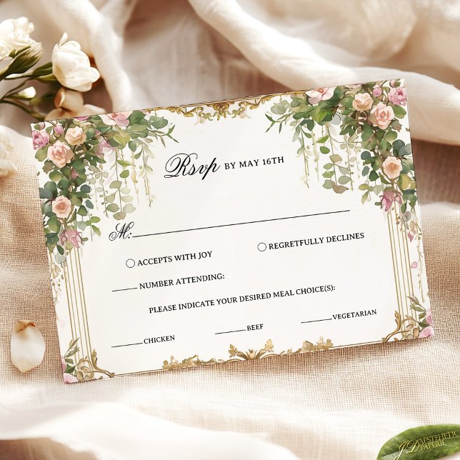 Placa RSVP Floral Elegante com quadro Dourado Vint (Criador carregado)