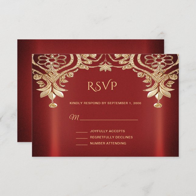 Placa RSVP Floral Vermelha Moderna Dourada (Frente/Verso)