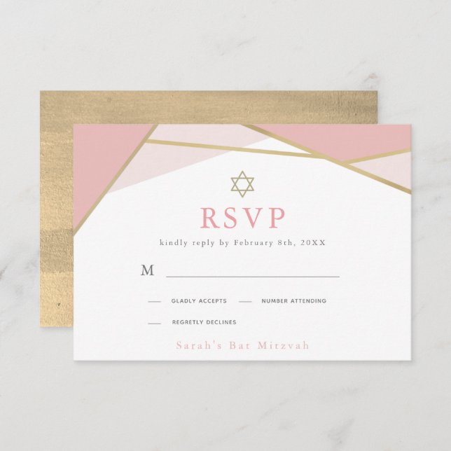 Placa RSVP Geométrica Rosa e Dourada Bat Mitzvah (Frente/Verso)