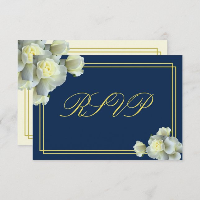 Placa RSVP Mínima de RSVP Azul Rosas Brancas Azul  (Frente/Verso)
