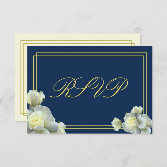 Placa RSVP Mínima de RSVP Azul Rosas Brancas Azul  (Frente/Verso)