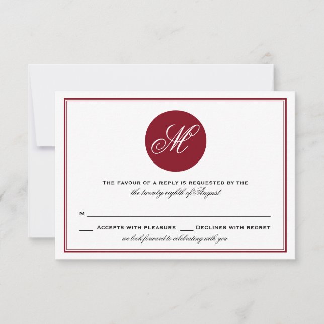 Placa RSVP Monograma de Script Elegante Vermelho (Frente)