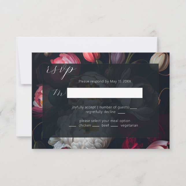 Placa RSVP Preta de Casamento Pintal Moody Peony (Frente)