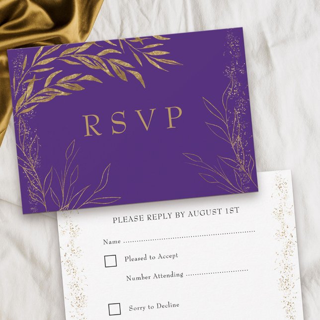 Placa RSVP Púrpura e Dourada Folha Elegante (Quinceanera RSVP in purple, from my Gold Leaf Collection
)