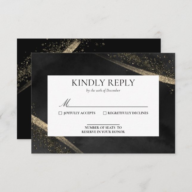 Placa RSVP Romântica de Casamento Dourado e Preto  (Frente/Verso)