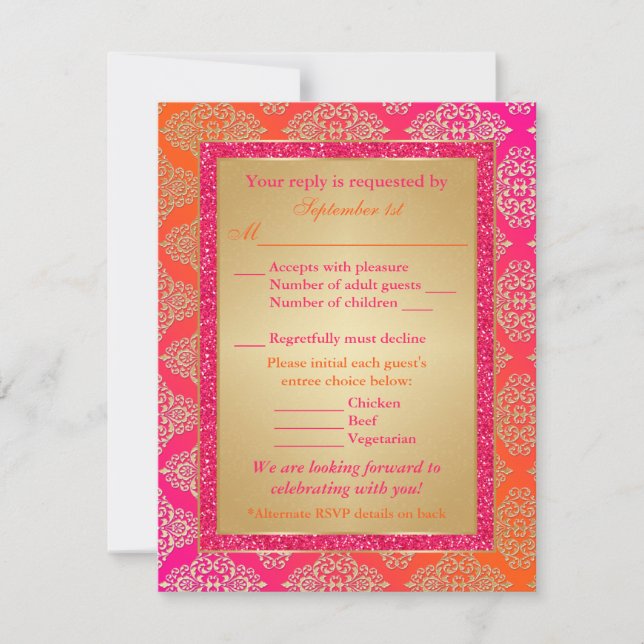 Placa RSVP Rosa, Laranja, FAUX Glitter Dourada (Frente)