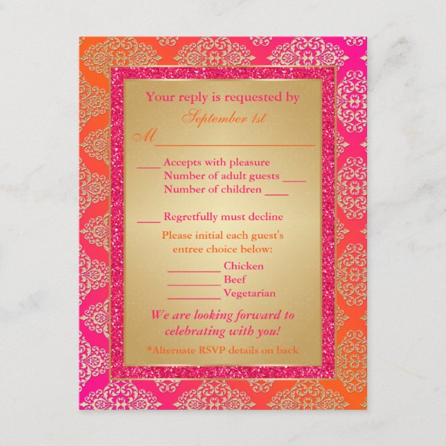 Placa RSVP Rosa, Laranja, FAUX Glitter Dourada (Frente)