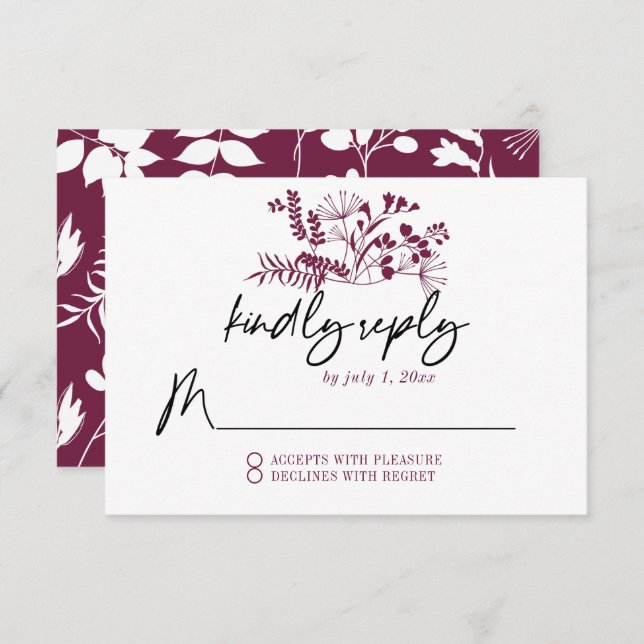 Placa RSVP Simples de Burgundy Moderna de Casament (Frente/Verso)