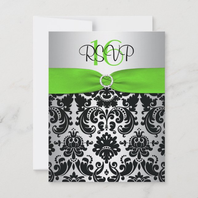 Placa RSVP Verde, Prateada, Black Damask Sweet 16 (Frente)