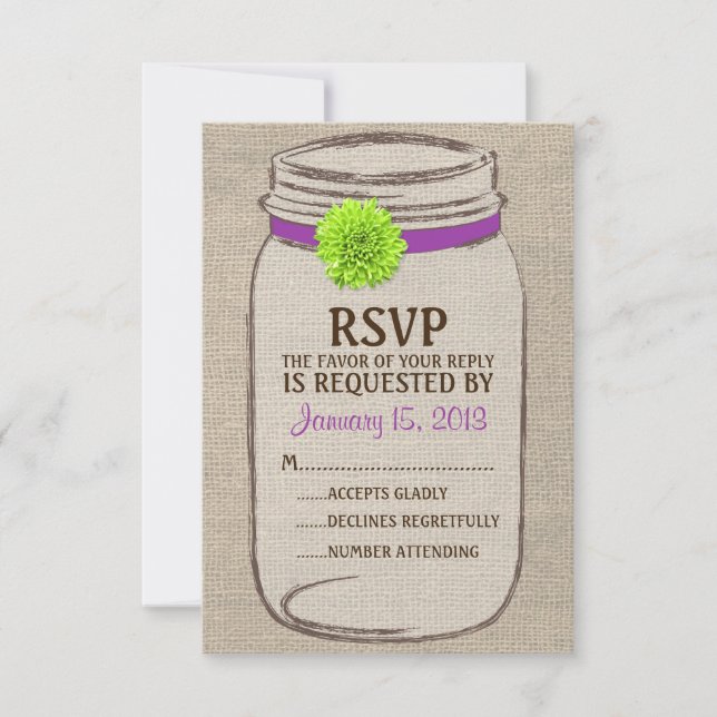 Placa RSVP Verde Rupple Rustic Mason Jar & Burlap (Frente)