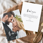 Placas De Agradecimento Moderno E Minimalista<br><div class="desc">Casamento de Orçamento Obrigado Cartões que têm uma foto na frente e atrás. Os cartões de agradecimento contêm uma moderna tipografia cursiva escrita branca e com letras negras,  que é elegante,  simples e moderna de usar depois de você comemorar um simples dia de casamento minimalista.</div>