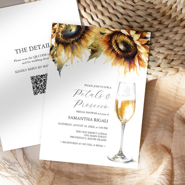 Placas de girassol e código QR do Chá de panela Pr (Petals and Prosecco bridal shower invitations with qr-code and sunflowers by Victoria Grigaliunas)