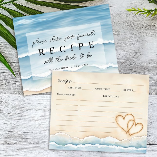 Placas de receita de Chá de panela de praia com co (Bridal Shower Recipe Card)