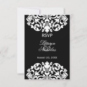 Placas de resposta RSVP de Damasco Preto e Branco
