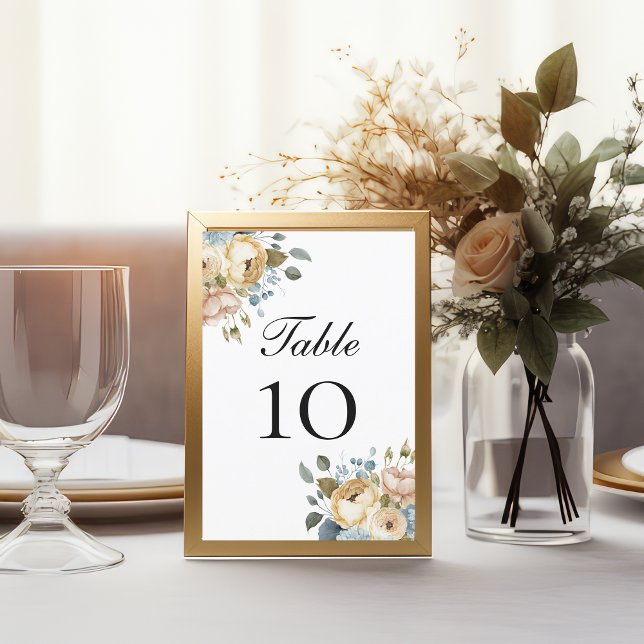 Placas Números de Tabela de Casamento Floral de Cr (Blue Pink and Cream Floral Elegant Watercolor Wedding Table number cards)
