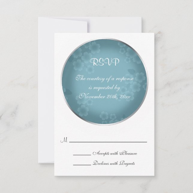 Placas RSVP de Casamento Azul com Marca d'Água Flo (Frente)