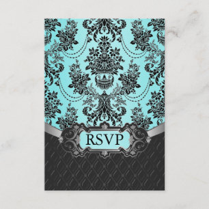 Placas RSVP de Casamento Azul Damasco Negro