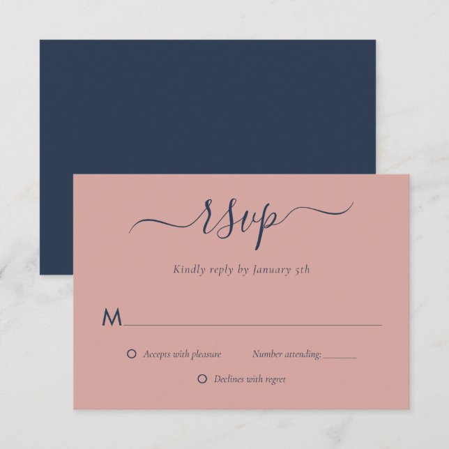 Placas RSVP de Casamento Azul e Blush do Marinho M (Frente/Verso)