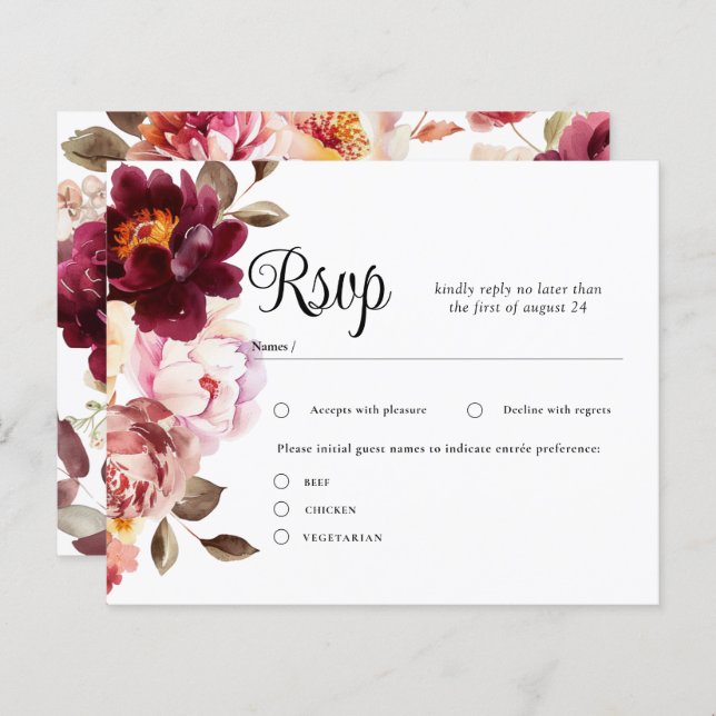 Placas RSVP de Casamento de Borgonha Floral de Wat (Frente/Verso)