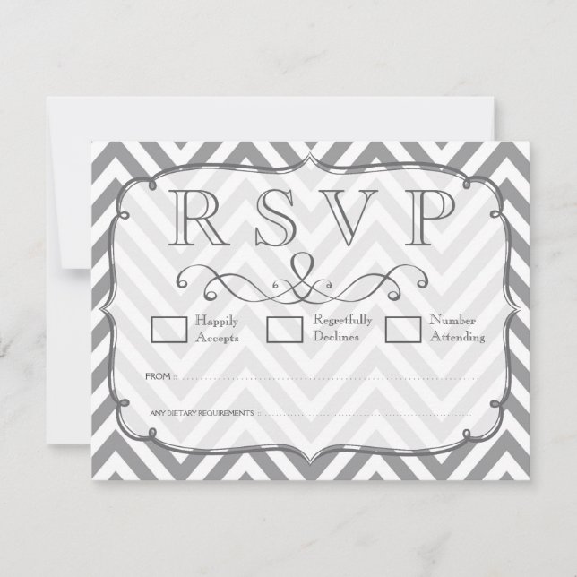 Placas RSVP de Casamento de cinza e Chevron Branco (Frente)