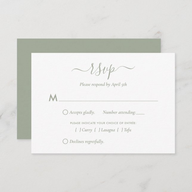 Placas RSVP de Casamento de Script Verde do Modern (Frente/Verso)