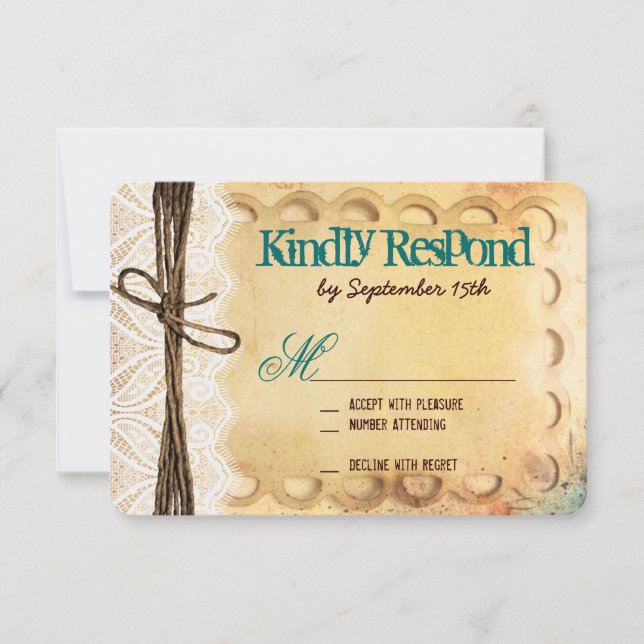 Placas RSVP de Casamento de Tipografia Teal Rustic (Frente)