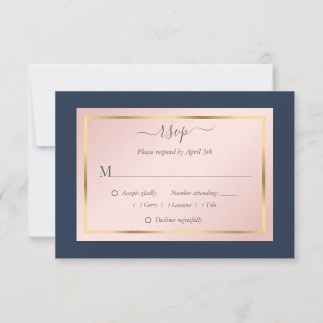 Placas RSVP de Casamento Dourado de Blush Azul-Mar (Frente)