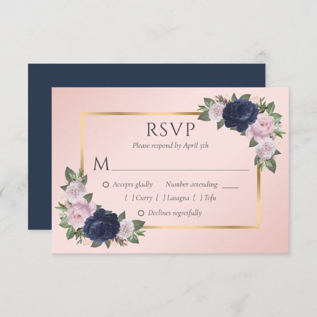 Placas RSVP de Casamento Dourado de Marinho Elegan (Frente/Verso)