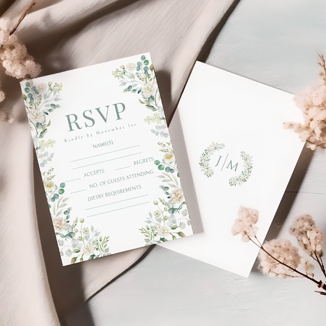 Placas RSVP de Casamento Eucalyptus de Rosas Branc (Criador carregado)