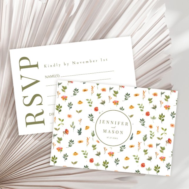 Placas RSVP de casamento florais cor verde-laranja (Criador carregado)