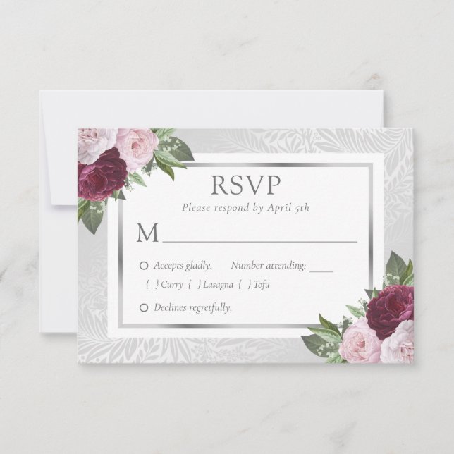 Placas RSVP de Casamento Floral de Blush Silver (Frente)