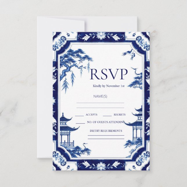 Placas RSVP de Casamento Floral de Chinoiserie Azu (Frente)