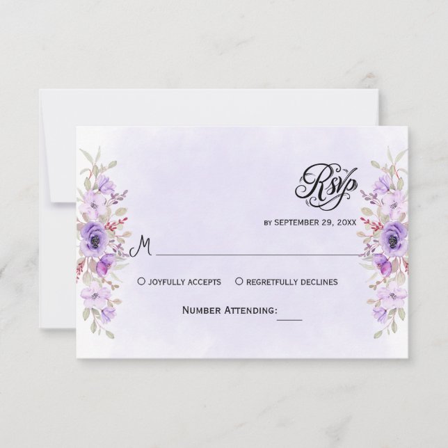 Placas RSVP de Casamento Floral de Luxo Purple (Frente)