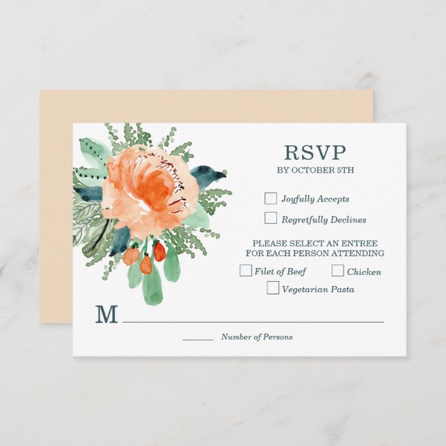 Placas RSVP de Casamento Floral de Teal Peach Jade (Frente/Verso)