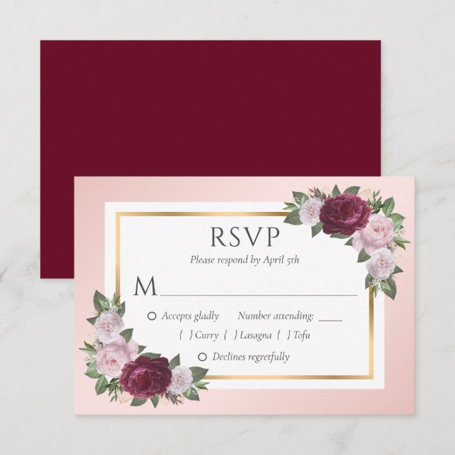 Placas RSVP de Casamento Floral Dourado Blush Burg (Frente/Verso)