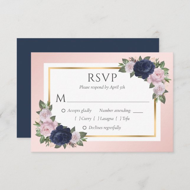 Placas RSVP de Casamento Floral Dourado com Blush  (Frente/Verso)