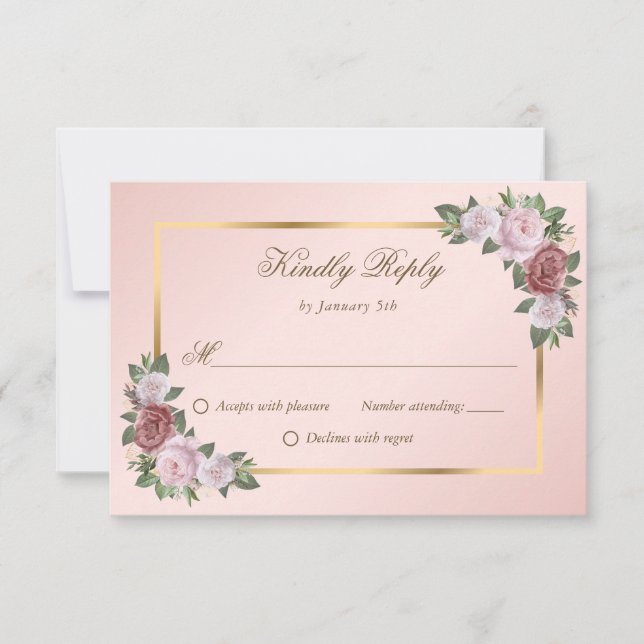 Placas RSVP de Casamento Floral Dourado Cor-de-Ros (Frente)