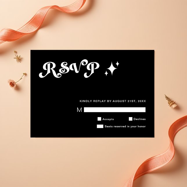 Placas RSVP de Casamento Negra Retro Moderno (Criador carregado)