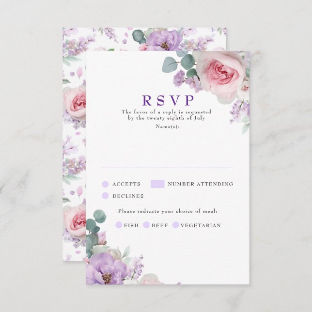 Placas RSVP de Casamento Rosa Púrpura Botânica (Frente/Verso)