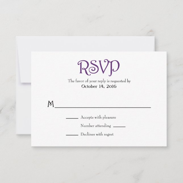 Placas RSVP de Casamento Simples em Branco Púrpura (Frente)