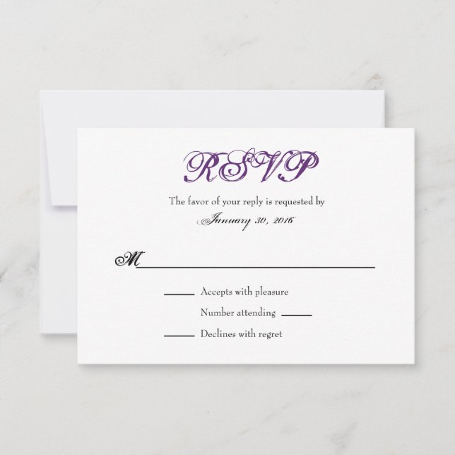 Placas RSVP de Casamento Simples em Branco Púrpura (Frente)