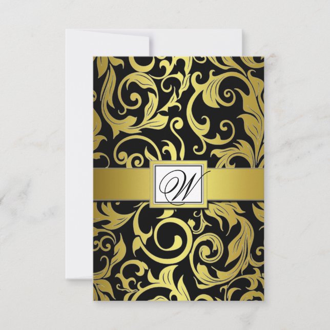 Placas RSVP de Casamento tema damasco Dourado e Pr (Frente)