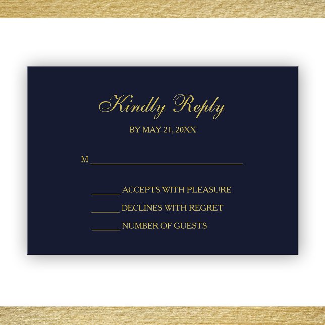 Placas RSVP de Marinho Elegante e Script Dourado (Criador carregado)